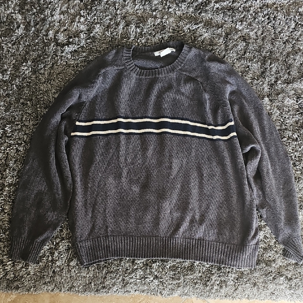 Gray and White Crewneck Sweater with Stripe Detail